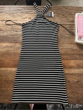Topshop Black and White Striped Halter Mini Dress